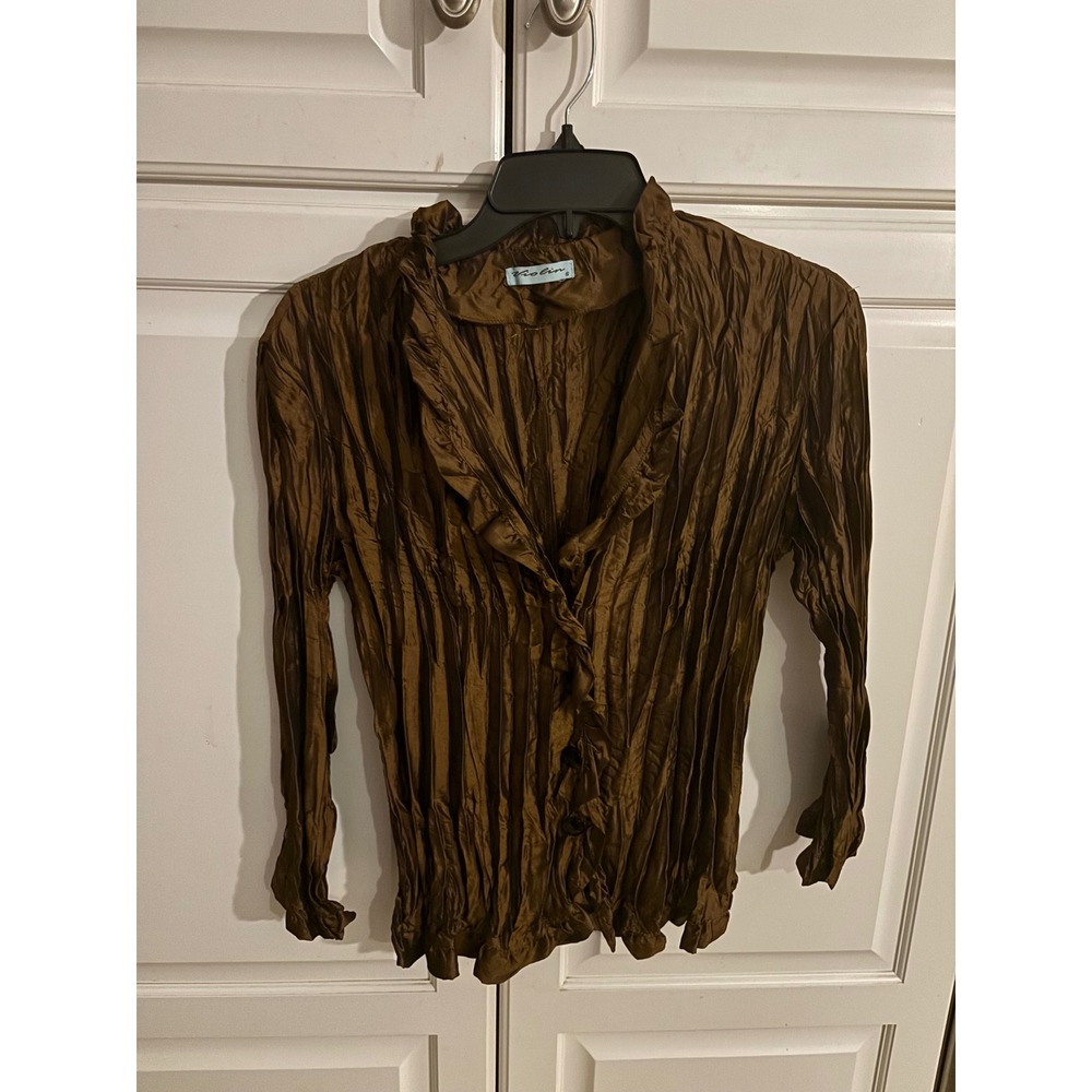 VIOLIN‎ Women's Brown Crinkle Pleated Long Sleeve Button Up Shirt Top Size S